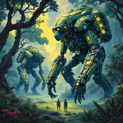 The primary subject of the image is a large robotic creature, which appears to be a mix of a tank and a giant insect. The robot is standing in a lush green forest, surrounded by trees and foliage. The setting is a serene and natural environment, with the robot being the focal point of the scene. The visual style of the image is a digital art or illustration, with the robot being depicted in a detailed and intricate manner. The colors and mood of the image are predominantly green and
